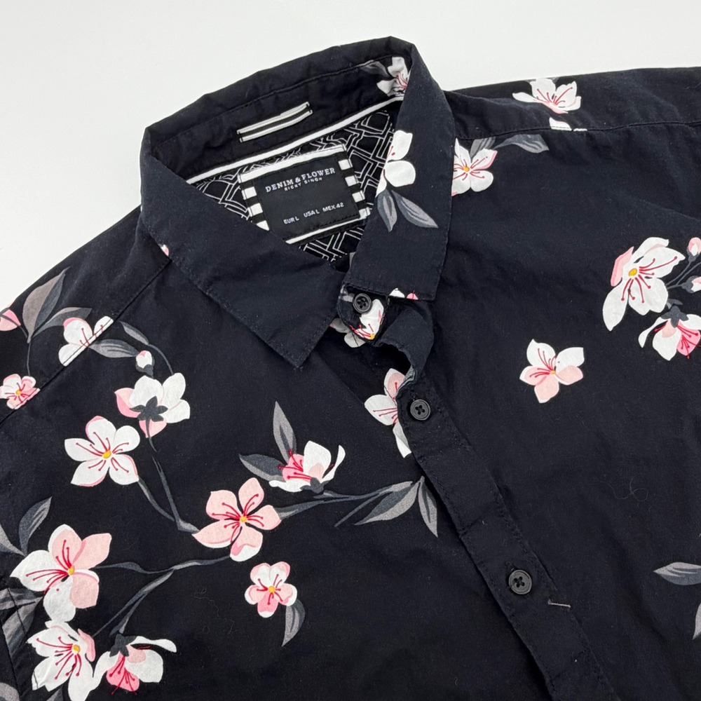 Denim & Flower Ricky Singh Mens Large Black Cherry Blossom Floral Cotton Shirt